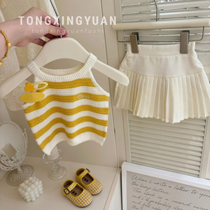 Tongxingyuan Girls Summer Striped Knitted Vest Pleated Skirt Set Yellow Cotton Outfit - Product Image 5