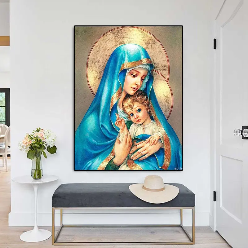 Vintage Religion Virgin Mary Baby Jesus Nordic Poster Wall Pictures For Living Room Home Decor Wall Art Canvas Painting Framed