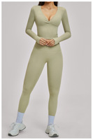 Set Atasan Yoga Kerah V Berkerut & Legging Wanita, Pakaian Olahraga Lengan Panjang Serbaguna untuk Fitness