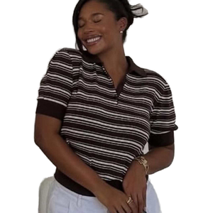 Blouse d'été tendance pour femme à manches courtes, col rabattu, décontractée, respirante, tricotée rayée style vintage - Product Image 1