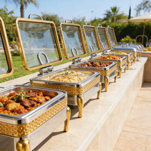 XINGPAI ชุดเครื่องอุ่น<span class=keywords><strong>อาหาร</strong></span>สเตนเลสสตีล,ทรงสี่เหลี่ยมผืนผ้าสีทองสำหรับโรงแรมระดับห้าดาวพร้อมฝาแก้วมองเห็นได้ - Product Image 1