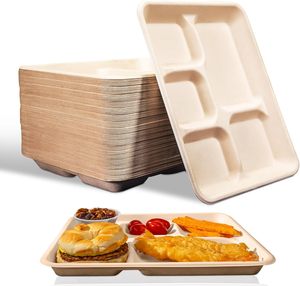 Plateau jetable biodégradable en canne à sucre naturelle, assiettes en papier à 4 compartiments, résistant au micro-ondes et au congélateur, pour restaurants - Product Image 1