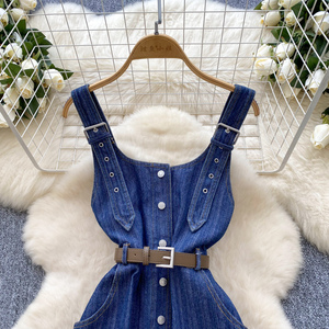 2025 francés Vintage Denim Pinafore <span class=keywords><strong>mujer</strong></span> verano correas ajustables botón abajo cintura <span class=keywords><strong>vestido</strong></span> ajustado - Product Image 2
