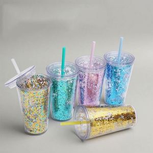 Gobelet à paille transparent minimaliste en plastique à double paroi de 16 oz, grande capacité, pour lait et jus, avec paillettes – Meilleures ventes - Product Image 4