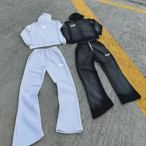 Custom Faded Vintage Jogging Set Zip Up Tracksuit Sweat Suit Hoodie And Straight Leg Flared Sweatpants Acid Wash 2 Piece Set