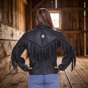 HMB-0319A VESTE EN CUIR FEMME MANTEAU DE MOTO BASIQUE NOIR BRANDO STYLE FRANGES VESTES - Product Image 3