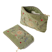 Sac de rangement portable en velours pour pinceaux de maquillage et cosmétiques, motif déesse du soleil brodé, avec fermeture éclair dorée