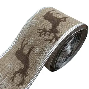 戈登丝带10码63毫米亚麻粗麻布线丝带边缘丝带驯鹿印花圣诞配件