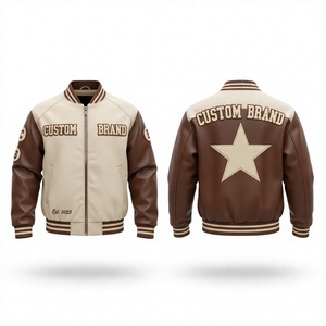 Chaqueta Varsity Personalizada para Hombre, con Mangas de Cuero PU, Diseño de Estrella Bordada, Cierre de Cremallera, Estilo Casual para Otoño - Product Image 1