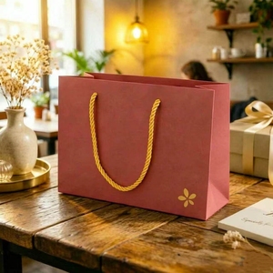 Eleganti Sacchetti di Carta <span class=keywords><strong>Rosa</strong></span> e Oro con Motivo Floreale, Ideali per Prodotti di Bellezza di Lusso e Regali Floreali - Product Image 1