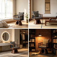Fauteuil moderne pour chat et chien avec nid caché, meuble en bois massif avec dossier ondulé et coussin douillet en tweed tressé