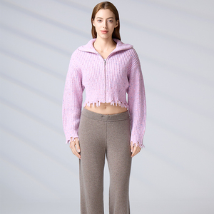 High-End Customizable Streetwear Knitwear OEM/ODM Zip-Up <b>Cardigan</b> <b>Sweater</b> Women's Frayed Cropped Knit Jacket - Product Image 3