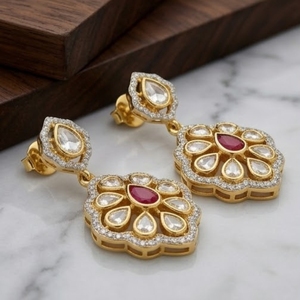 Conjunto de Joyería de Plata 925 con Moissanita, Cadena Moderna con Eslabones Polki, Colgante y Aretes Chapados en Oro, para Novia, Compromiso, Fiesta, Boda - Product Image 4
