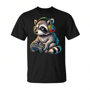 Camiseta Gaming Raccoon negra de manga corta con cuello redondo y estampado digital para jugadores y amantes de los mapaches, ropa para adultos para hombre - Product Image 3