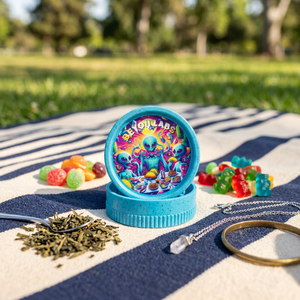 BEYOU LABS Broyeur à herbes sèches rond en plastique avec design alien coloré bleu vert violet blanc noir style moderne - Product Image 1