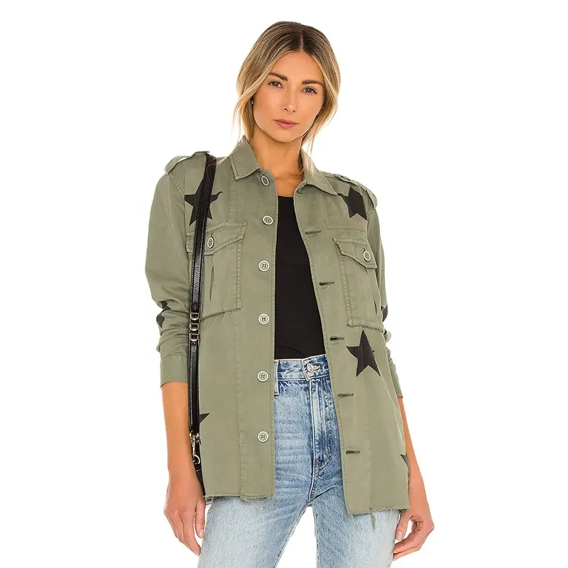 Wholesale 100% cotton classic button closure chest pockets star pattern long sleeves green denim jacket for women