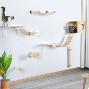 Furnitur dinding Modern kucing terpasang di kayu, termasuk tangga pohon jembatan rumah dan penggaruk rak dinding kucing mewah - Product Image 1