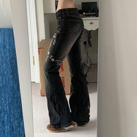 Pantalon droit taille basse en jean skinny pour femme, style vintage, broderie florale, effet délavé