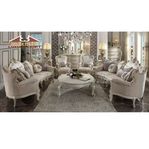 Longhao móveis, venda quente de móveis de luxo clássico estilo europeu, antigo, branco e bege, com aparação de ouro, família, sofá, conjunto