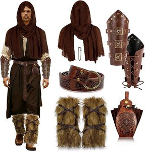Ensemble de 7 accessoires de costume Renaissance : Ceinture en cuir, pochette, protège-bras, protège-jambes, châle – Idéal pour LARP, Ren-Fair, Halloween - Product Image 1
