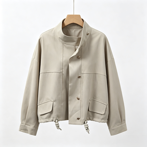 Chaqueta corta con cuello alto para mujer, con cordón en el dobladillo, botones en la parte delantera, ropa exterior informal para otoño - Product Image 4