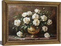 Lukisan Kanvas Still Life Mawar Putih Berbingkai Emas Vintage 12x16 inci Vas Emas Dekorasi Dinding Floral Sampel OEM ODM Siap dalam Setengah Hari