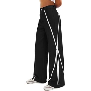Fisoew Pantalones anchos para mujer, pantalones Palazzo con rayas laterales y cintura alta, pantalones casuales de pierna recta - Product Image 1