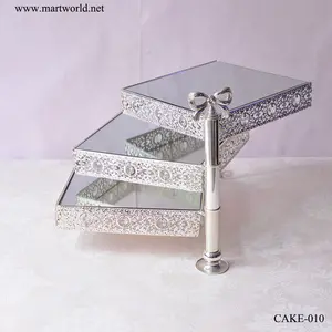 3 Band Vierkante Vouwen Cake Stand Zilver Crystal Draaibare Metalen Display Stand Voor Verjaardagstaart Bruiloft Decoraties (Cake-010)