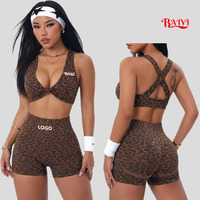 Ensemble de sport imprimé léopard : Soutien-gorge de sport antichoc taille haute et short, ensemble de yoga à bretelles croisées, tenue d'entraînement, logo personnalisé