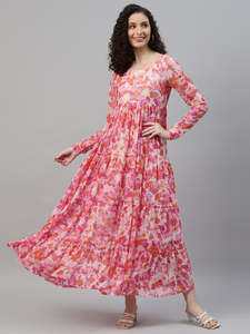 Floral Woven <b>Chiffon</b> Tiered Maxi <b>Dress</b> for Women's U Neck Full Sleeves Flared Natural Waist Casual Autumn A-Line - Product Image 4