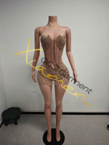 Ocstrade 闪亮性感网纱玫瑰金钻石俱乐部礼服定制女式服装奢华水钻流苏生日派对礼服女式 - Product Image 3