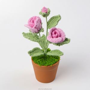 Plante artificielle en pot, fleurs tricotées à la main au crochet, roses pour la décoration de la maison, remise de diplôme, fête des pères, Halloween, haute qualité - Product Image 5