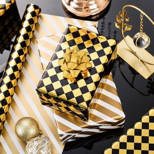HOMERAL Checkered <b>Wrapping</b> <b>Paper</b> Roll Black And Gold Metallic Foil 46.8 Sq Ft Reversible Gift Wrap - Product Image 1