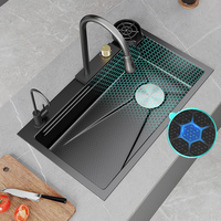 Évier de cuisine multifonctionnel à cascade en acier inoxydable Évier de cuisine moderne noir intelligent