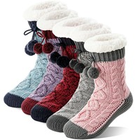 Chaussettes douillettes et antidérapantes Welwoos pour femmes, au-dessus du genou, en fourrure, épaisses, chaudes, pour l'hiver, cadeau de Noël (rouge et violet)