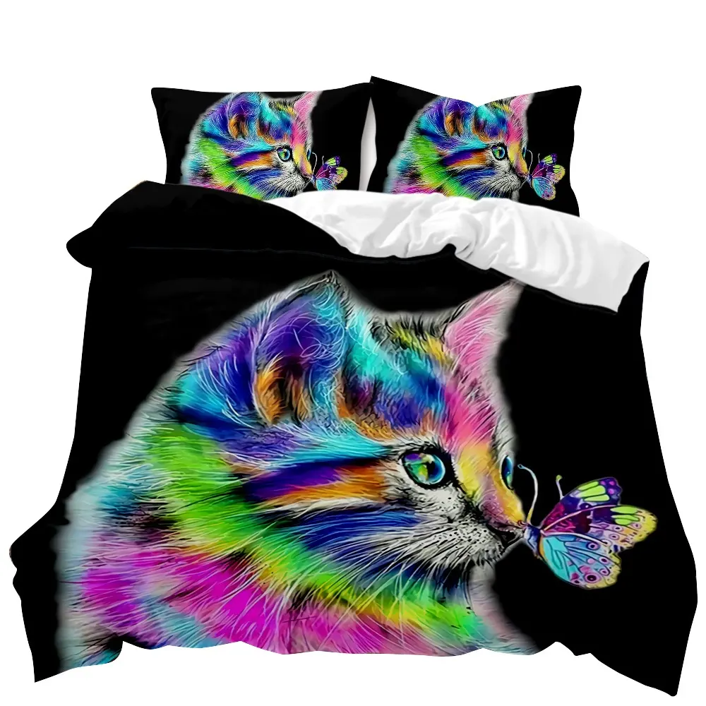 Realistische 3D Kleur Foto Afdrukken Huisdier Kat Dekbedovertrek Driedelige Dubbele Beddengoed Sheet Set