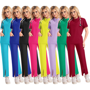 Women <b>Scrub</b> Set Moisture Wicking Knitted Split Uniform Hospital Workwear Solid Color Plus Size S XXL - Product Image 2