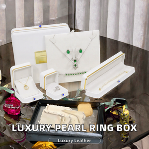Boîte à bagues de mariage élégante et luxueuse en cuir gris avec perles, ensemble de sept pièces carrées, conteneur à bijoux pour cadeaux - Product Image 2