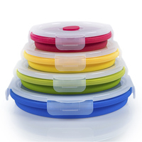 Ensemble de boîtes à lunch rondes pliables en silicone - 350/500/800/1200 ml, silicone platine de qualité alimentaire + couvercle en PP, logo personnalisé OEM