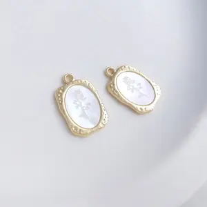 DIY Jewelry Accessories Natural Shell Rose Flower Engraved 14k Gold Plated Frame Pendant Charms For Necklace Making