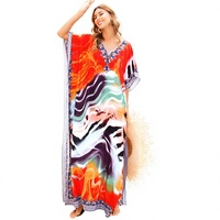 Gaun Pantai Maxi Rok Resort Bahan Polyester 100% Cetak Discharge Four-Way Stretch Gaya Eropa Amerika, Penutup Bikini Wanita