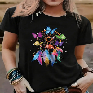 Camisetas negras con diseño de mariposa para mujer, camisetas informales de manga corta para exteriores - Product Image 2