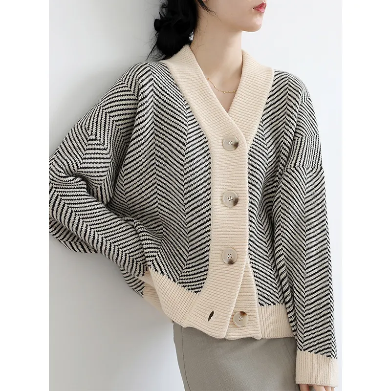 High quality V-neck loose sweater Women's long sleeve striped knit thick cardigan elegant commuter button top