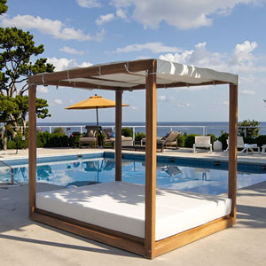Pavillon de jardin moderne en bois massif durable avec coussins imperméables en teck, résistant au soleil et à la corrosion, lit de repos de piscine avec auvent - Product Image 1