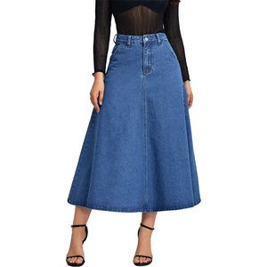 Fabricación personalizada de talle alto azul sólido falda de mezclilla mujer verano largo trompeta lavado falda de mezclilla diseño <span class=keywords><strong>Midi</strong></span> falda de mezclilla - Product Image 4