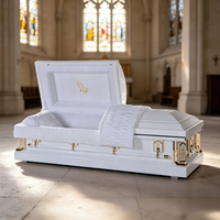 Cercueil métallique blanc de luxe de style américain, couvercle semi-couchette, broderie mains en prière, intérieur blanc, pour enterrement d'adulte (vente en gros)