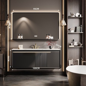 French retro luxury stone slab hot bending integrated basin intelligent mirror wall hanging bathroom cabinet - Product Image 5