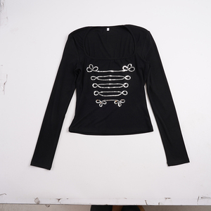 Top Corto Elástico Versátil Básico de Manga Larga con Cuello Cuadrado y Bordado de Lentejuelas Estilo Urbano para Chicas Atractivas - Product Image 6