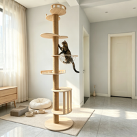 Arbre à chat moderne écologique à hauteur réglable, structure en bois massif, griffoir, design du sol au plafond, montage facile, antidérapant