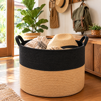 Panier de rangement rond en corde de coton avec poignées, corbeille à linge tressée pour vêtements, couvertures, jouets, rangement domestique